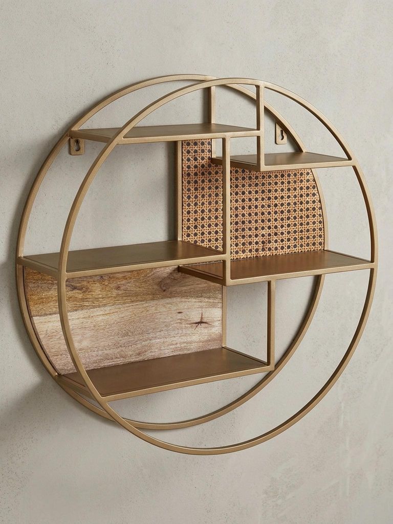 Wandregal, Industrial-Stil, Rattan/Metall/Massivholz, 5 Ablageflächen, Handgefertigt. 62x62x17 cm | Kadima Design