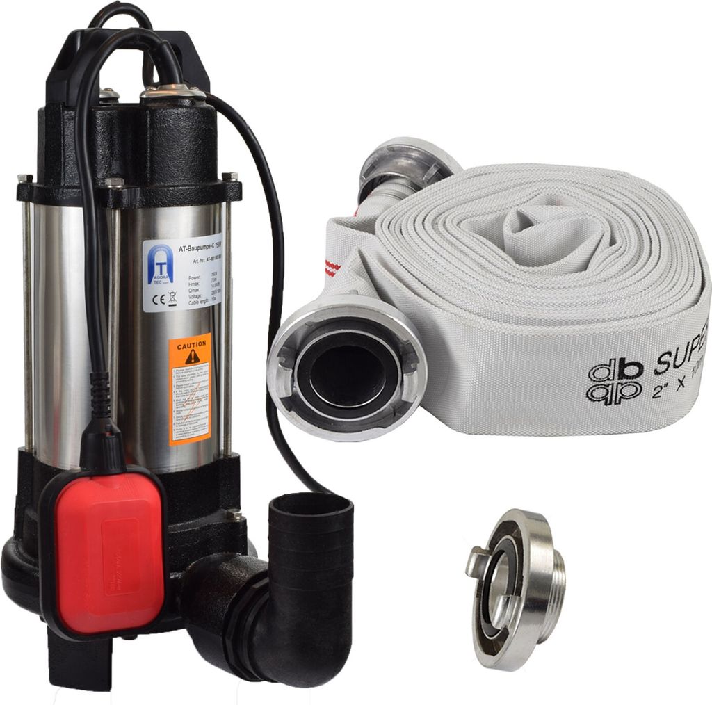 Agora-Tec Bau-, Abwasser- und Schmutzwasserpumpe C 750W (mit Schneidwerk) mit 10 Meter C-Schlauch und STORZ Kupplung