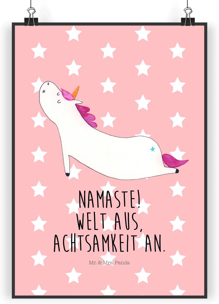 Mr. & Mrs. Panda Bild Einhorn Yoga DIN A3 - Rot Pastell - Geschenk, Plakat, wanddeko, Wandbild, Lustig, Entspannung, drucke, Einhörner, Unicorn, S...