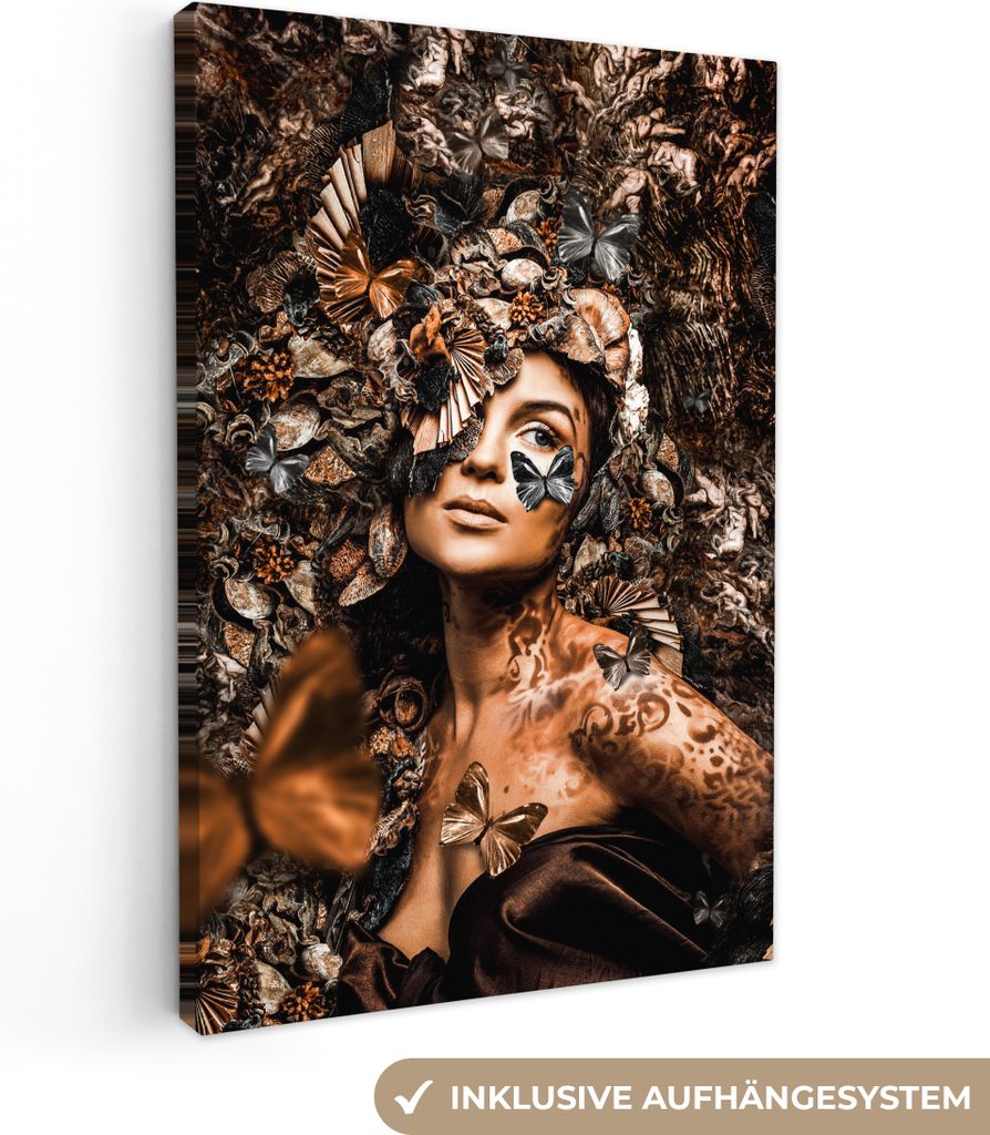 MuchoWow - Leinwandbilder - Luxus - Frau - Schmetterling, Wandbild, Wanddeko Bilder Wohnzimmer, 80x120 cm