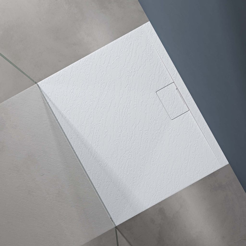 doporro Duschtasse Duschwanne 80x90x3 flach Mineralguss in Weiß DIN-Anschlüsse für bodengleiche Montage geeignet Geoma07