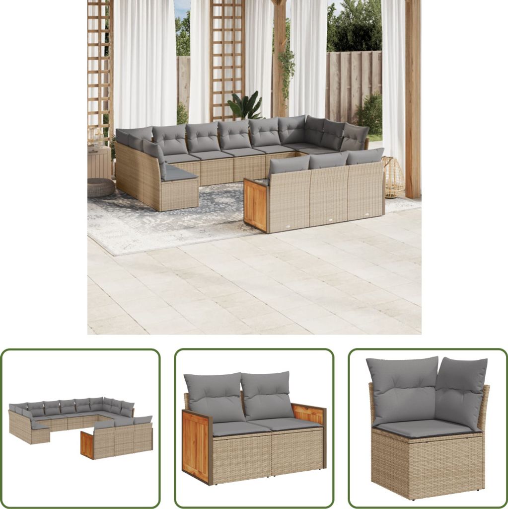 The Living Store 13-tlg. Garten-Sofagarnitur mit Kissen Beige Poly Rattan