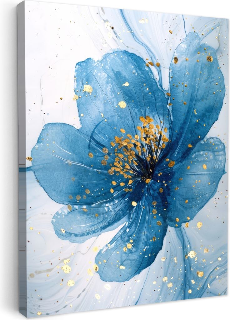 MuchoWow - Leinwandbilder - Blumen - Blau - Gold - Aquarell - Modern, Wandbild, Wanddeko Bilder Wohnzimmer, 50x70 cm