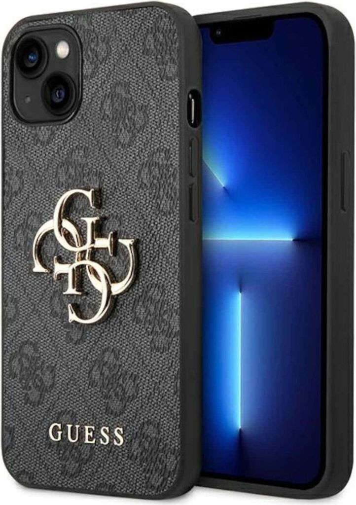 A close-up shot of a phone case with the Guess logo and a phone screen visible.