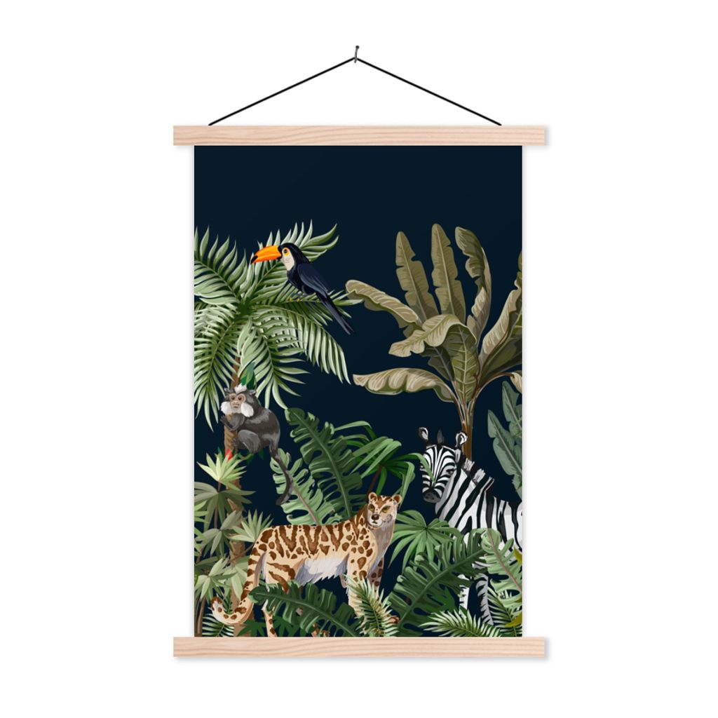 MuchoWow Textilposter Dschungel - Pflanzen - Tiere - Kinder - Flamingo - Zebra 40x60 cm mit holzfarbenen Rahmen - Poster