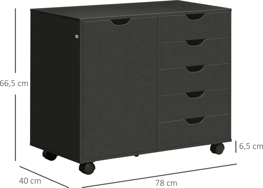 Caisson de bureau noir 5 tiroirs et support imprimante 78x40 cm