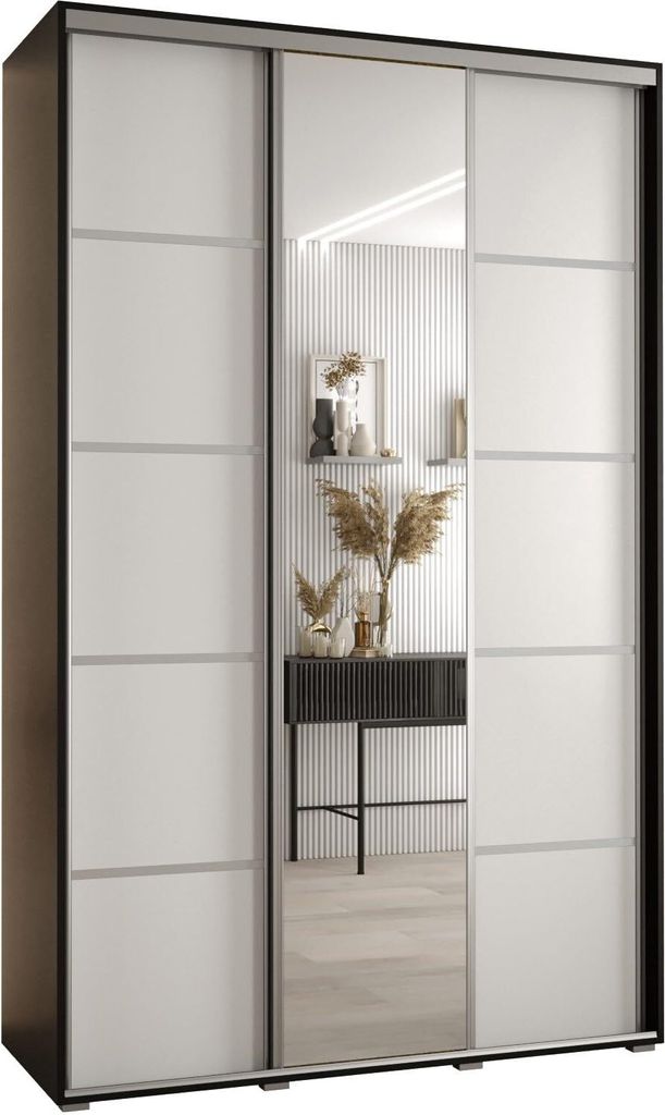 MEBLE KRYSPOL Cannes 5 Schrank mit 3 Schiebetüren - 205,2x160x45 cm - Schwarz Weiß Silber