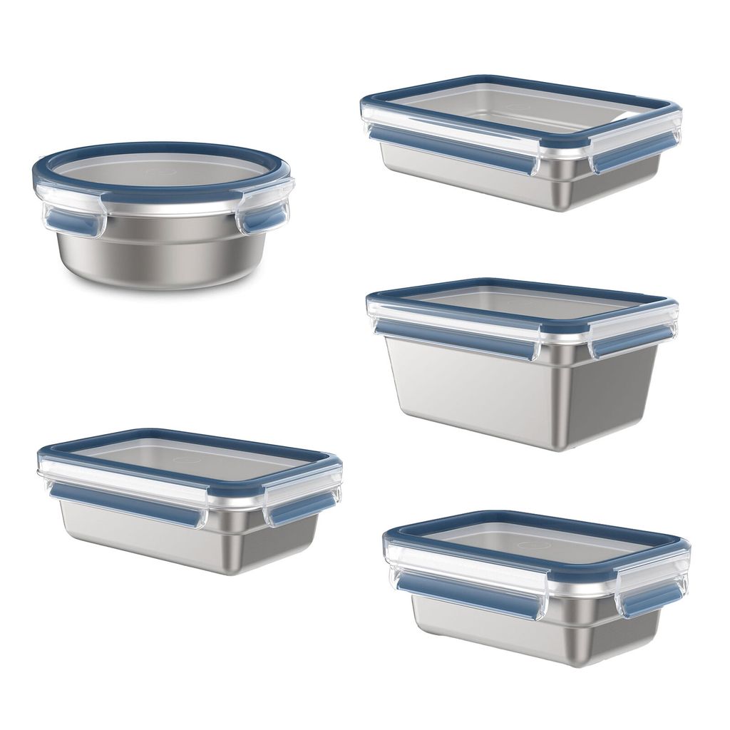 A collection of stainless steel food storage containers with blue lids, arranged on a white background.