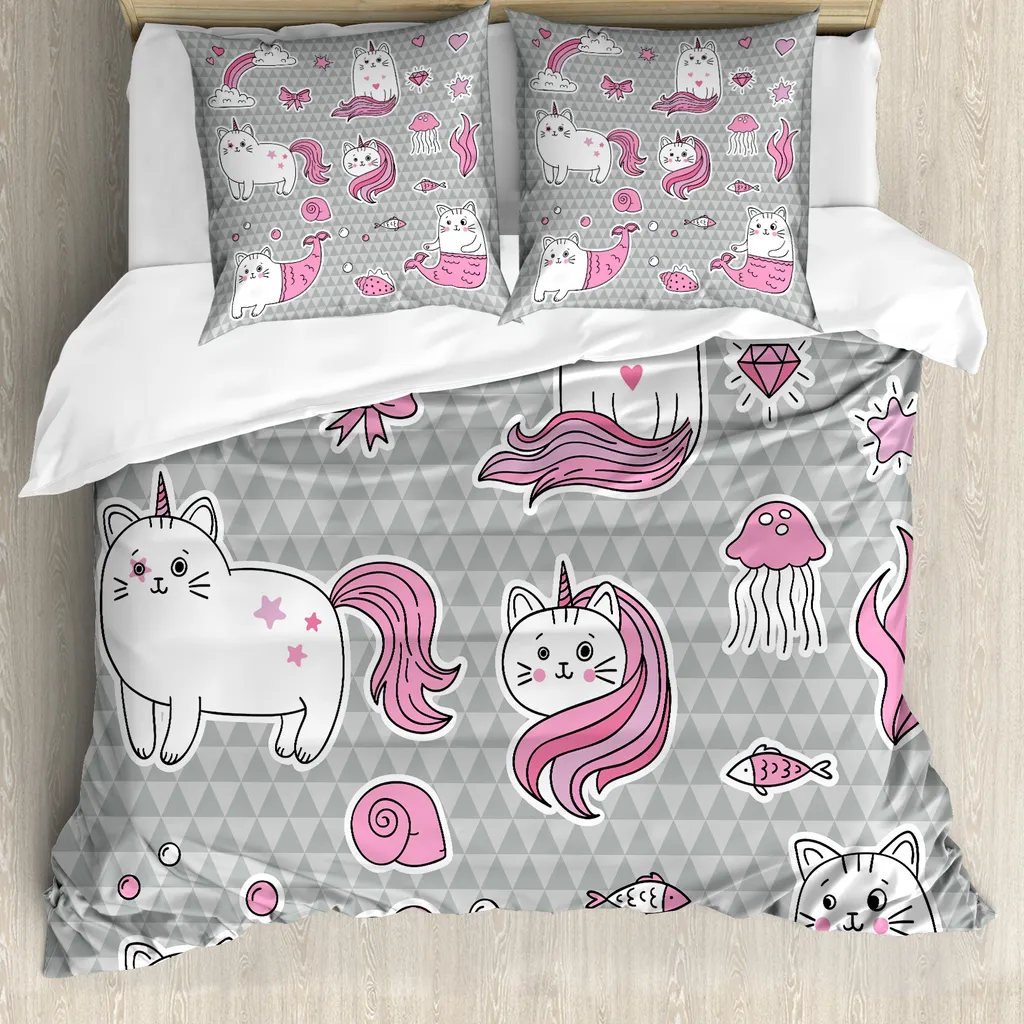 Housse de couette enfant 200x200 cm décor licorne et chat rose et blanc