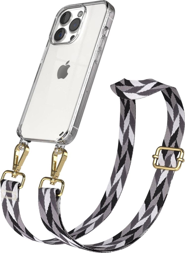 EAZY CASE Handykette - Verstellbarer Trageriemen kompatibel mit Apple iPhone 15 Pro, Handykordel mit transparenter Silikon-Hülle, Karabiner Gold, ...