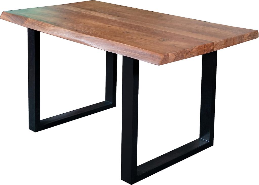 Esstisch 140 x 80 cm Cali, Baumkantentisch nussbaumfarben, Akazienholz massiv, U-Gestell aus Metall Schwarz, aufgedoppelte Kanten 25+25 mm