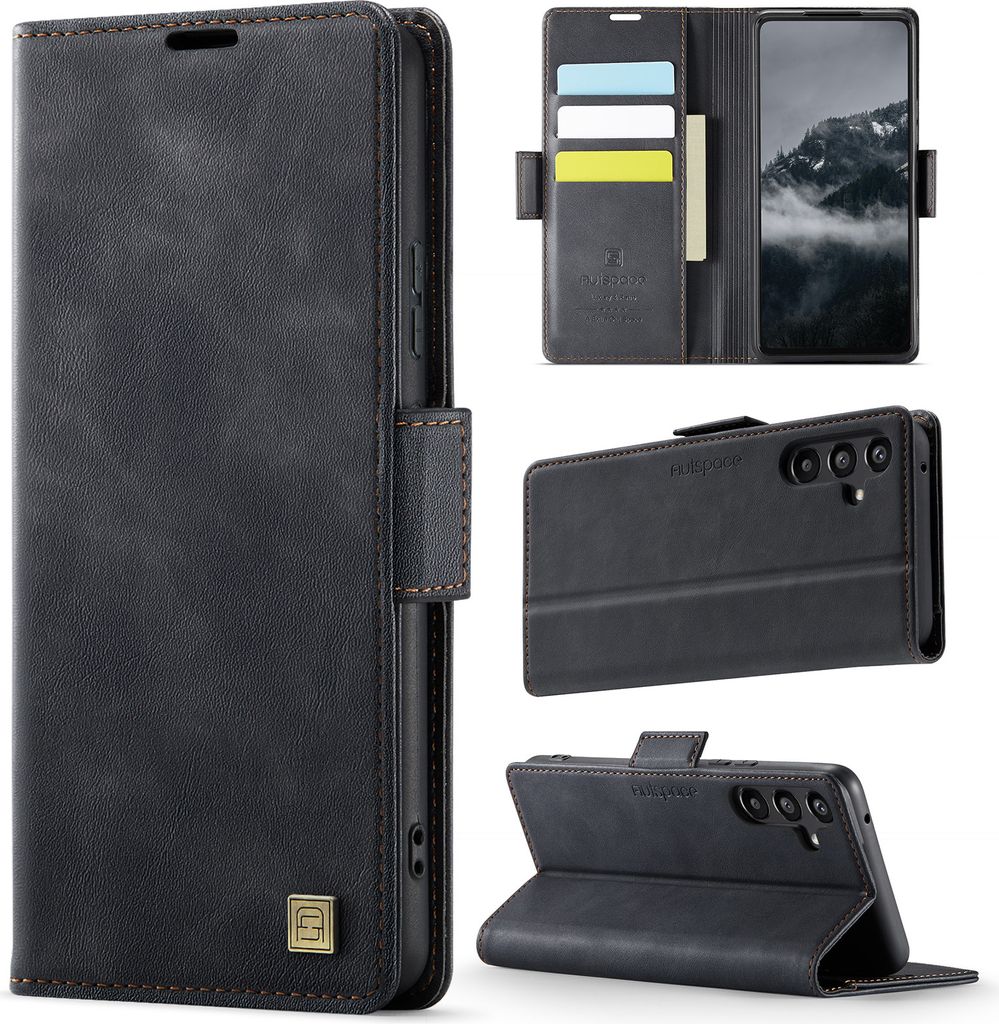 Lederhülle für Samsung Galaxy A34 5G, RFID Schutz Handyhülle mit Magnetverschluss, Kartenfächern und Ständer Schwarz