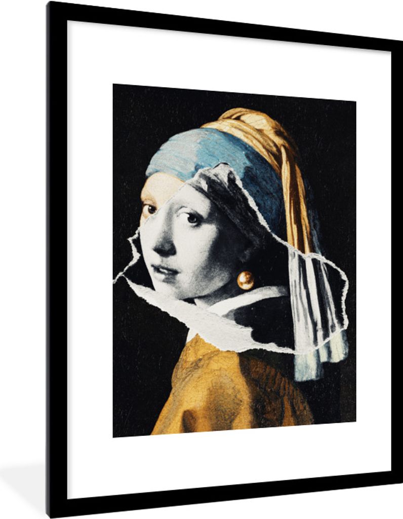 MuchoWow Gerahmtes Poster Mädchen mit Perlenohrring - Gold - Schwarz - Weiß 60x80 cm - Poster mit Schwarzem Bilderrahmen Wandposter Rahmen Foto...