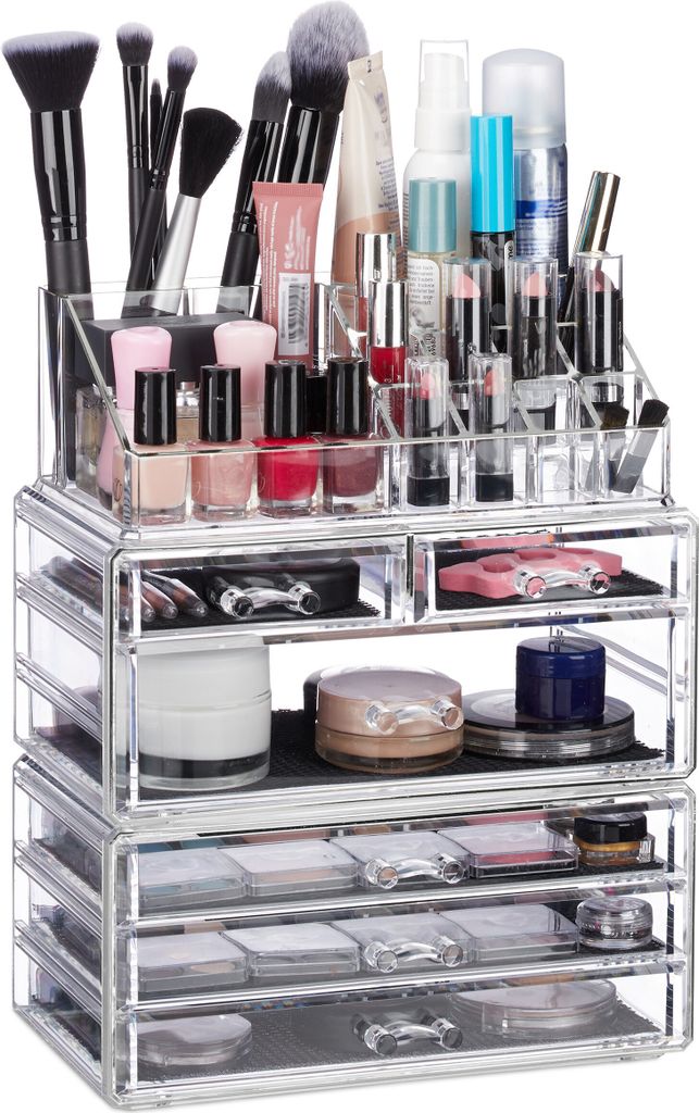 Relaxdays Kosmetikorganizer mit 6 Schubladen, 22 Fächer Make Up Organizer, Schmink-Aufbewahrung aus Acryl, transparent