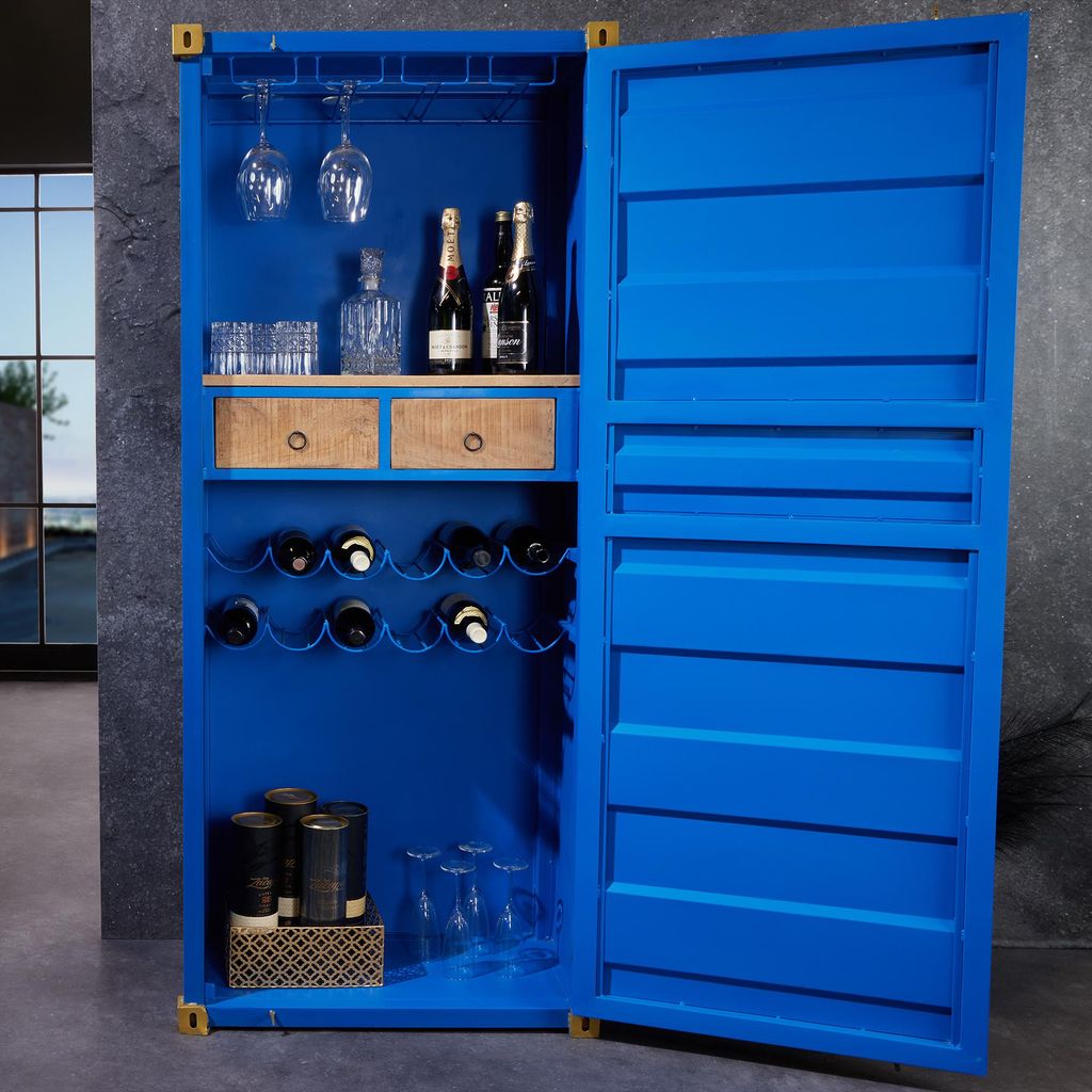 riess-ambiente Container-Barschrank GLOBETROTTER 180cm blau Metall Weinregal Upcycling 12 Flaschen