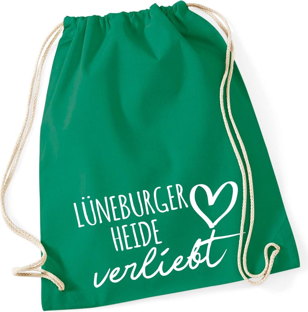 Huuraa Turnbeutel Lüneburger Heide verliebt 12 Liter Kelly Green Baumwolle Rucksack Geschenkidee
