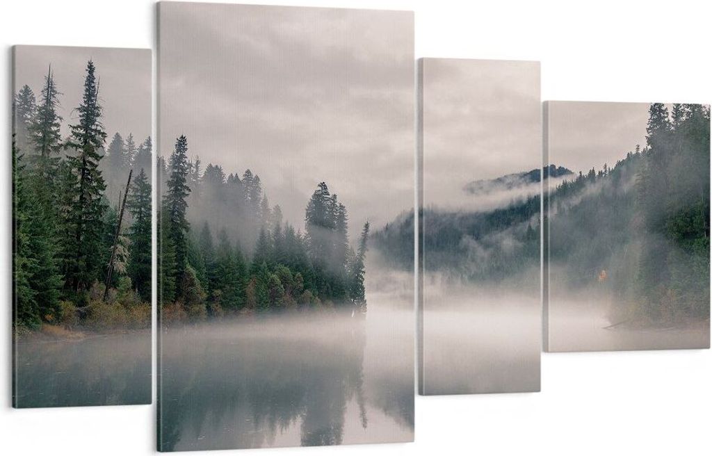 Bild auf Leinwand - Leinwandbild - 4 Teile - Reflexion Nebel Landschaft - 120x70cm - Wand Bild - Wanddeko - Wandbilder - Leinwanddruck - Bilder - W...