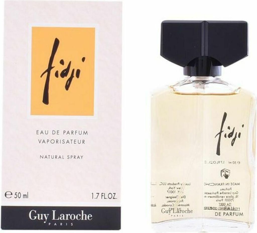 A perfume bottle and its packaging are displayed side-by-side against a white background.