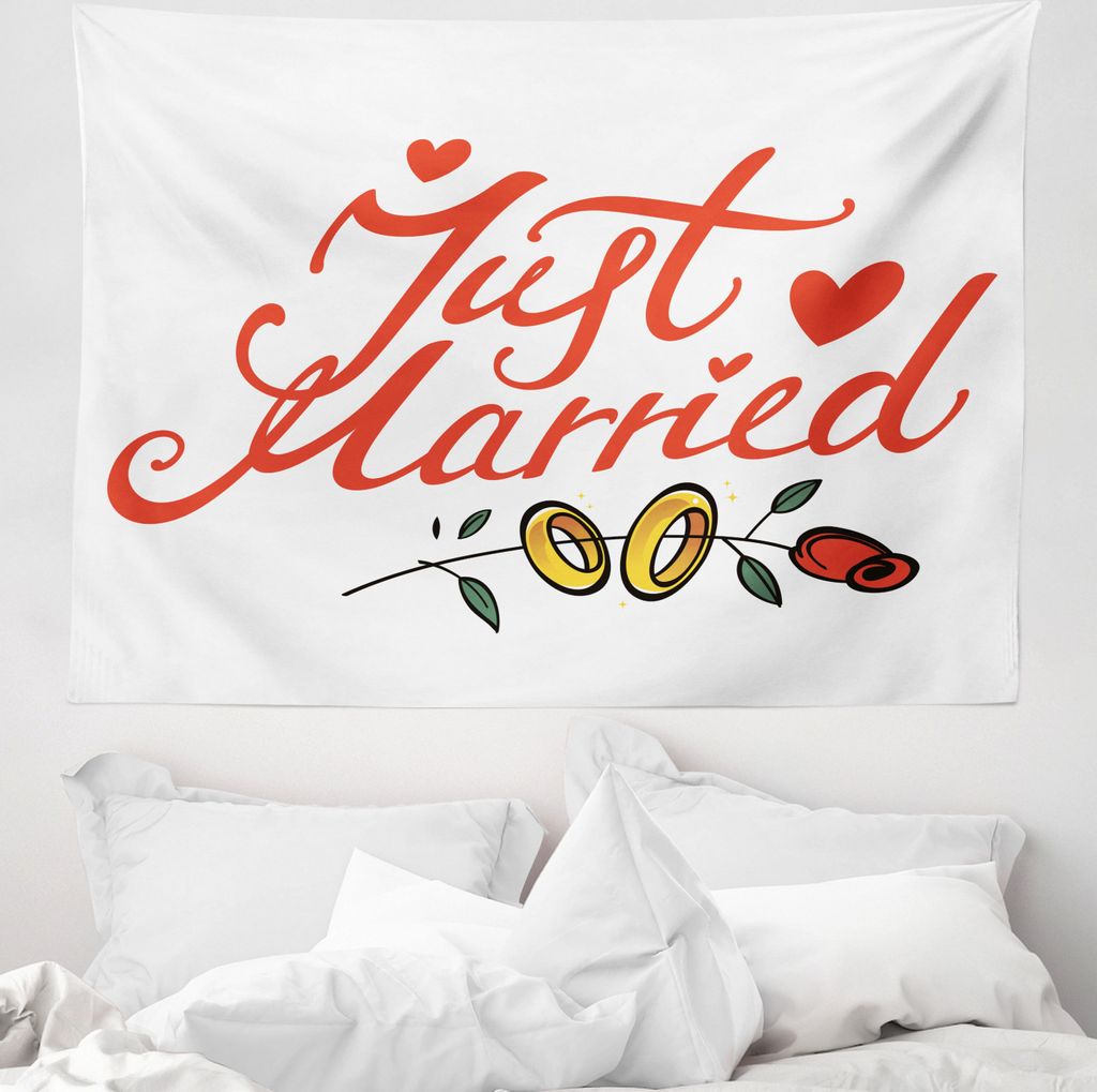 ABAKUHAUS Hochzeit Wandteppich, Just Married-Rosen-Ringe aus Weiches Mikrofaser Stoff Waschbar ohne Verblassen Digitaldruck, 150 x 110 cm, Farngrü...