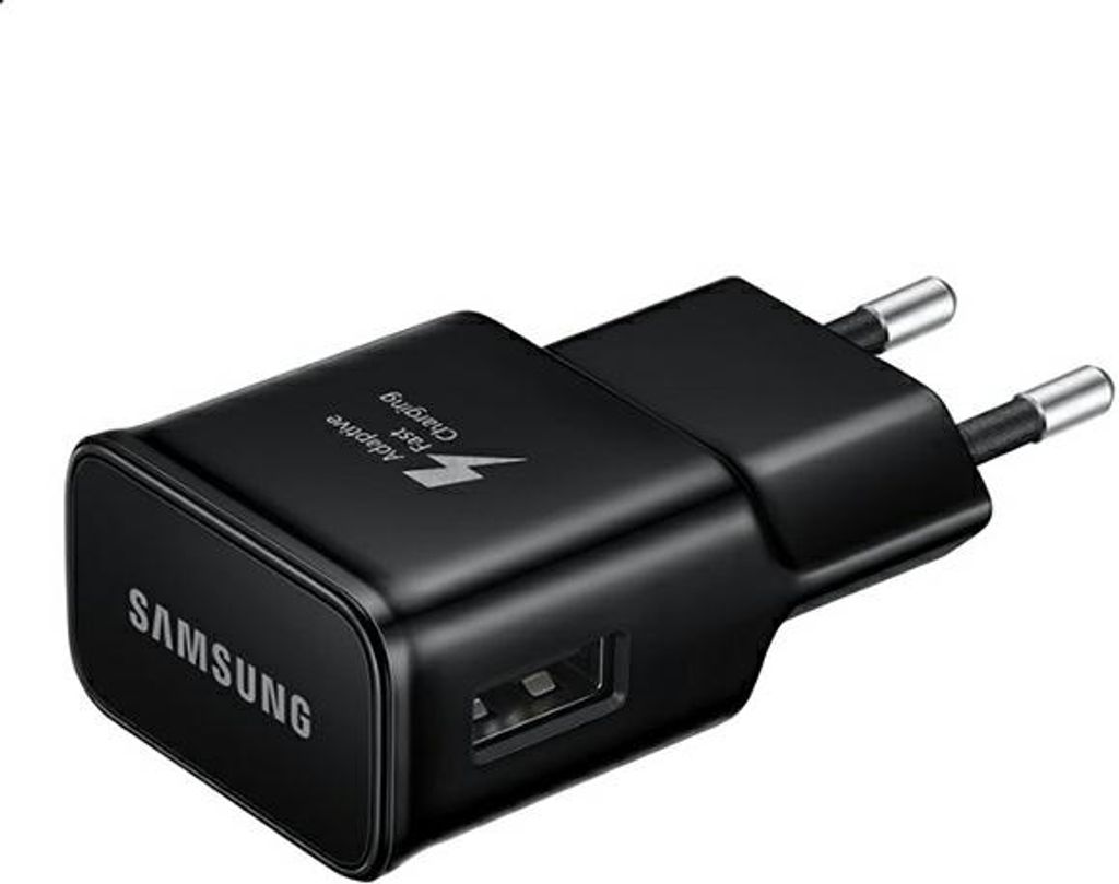A black Samsung fast charging adapter with USB port and European plug.