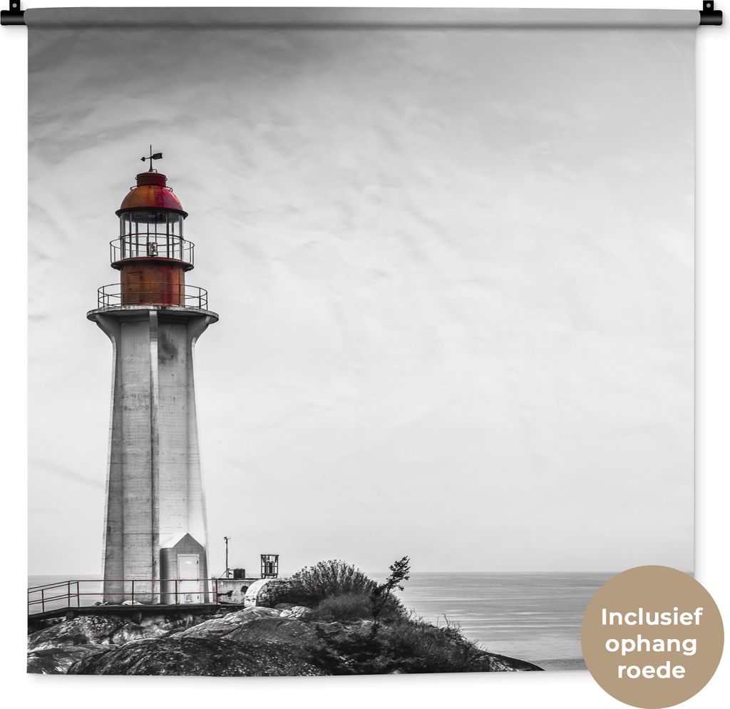 MuchoWow Wandteppich Wandbehang Schwarz-Weiß-Foto eines Leuchtturms im Westen von Vancouver 90x90 cm Tapisserie Dekoration Wandtuch - Wandaufhä...