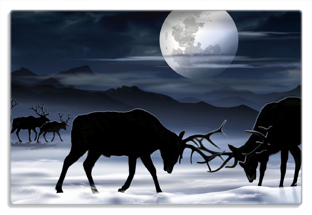 Wallario Frühstücksbrettchen aus Glas 20 x 30 cm mit rutschfesten Füßen, Motiv Elch im Schnee bei Mondschein - Silhouette am Abend