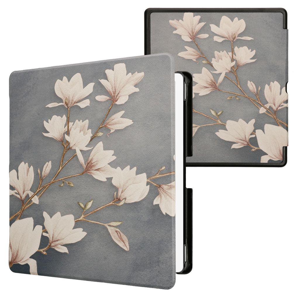 kwmobile Schutzhülle für Amazon Kindle Scribe (2024) Hülle - eReader Flip Case mit Auto Sleep Funktion - Magnolien mit Taupe Weiß Blaugrau