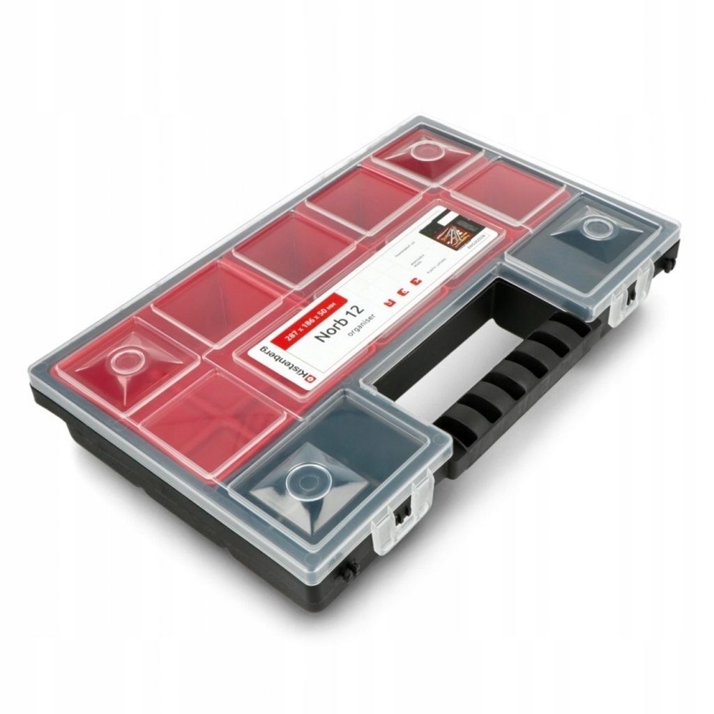 A black and red tool organizer with clear compartments and a handle, shown from a slightly elevated angle against a white background.