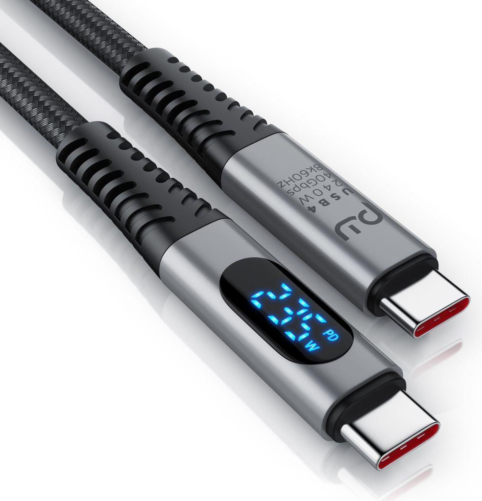 Primewire, 1,5m USB 4 Kabel mit Display, Typ C, Datenkabel, Ladekabel, Schnellladekabel, Gen 3x2, 240 Watt, 40 Gbit/s, 8k 60Hz, 4k 120 Hz, 3-fach S...