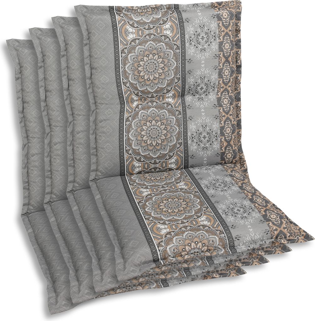 A stack of chair cushions with a patterned design.