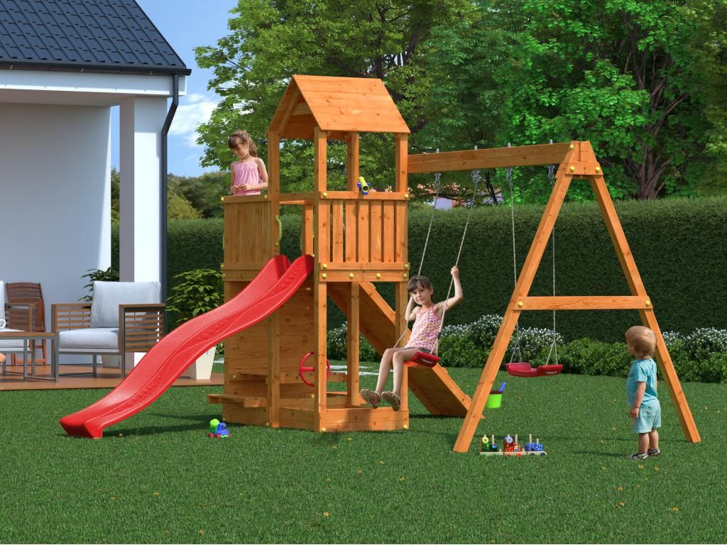 Spielturm Floppi teakfarben inkl. Doppelschaukel + Rutsche rot