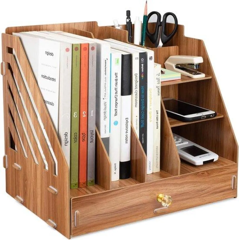 Rangement bureau pour télétravail - Trieur A4 bois et organiseur de stylos