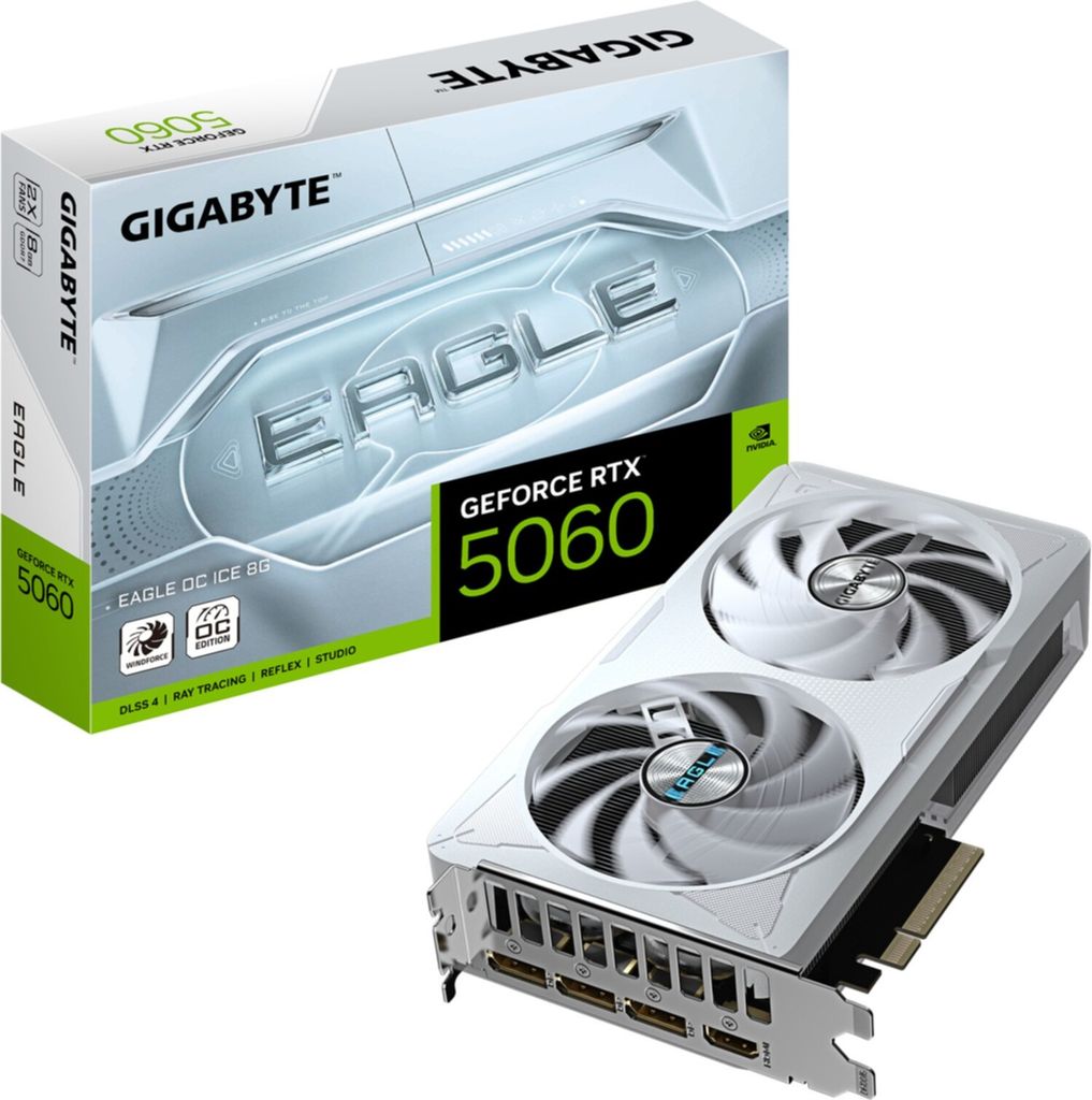 GIGABYTE GeForce RTX 5060 EAGLE OC ICE 8G Grafikkarte - 8GB GDDR7, 128bit, PCI-E 5.0, 2550 MHz Core Clock, 3 x DisplayPort, 1 x HDMI, GV-N5060EAGLE...