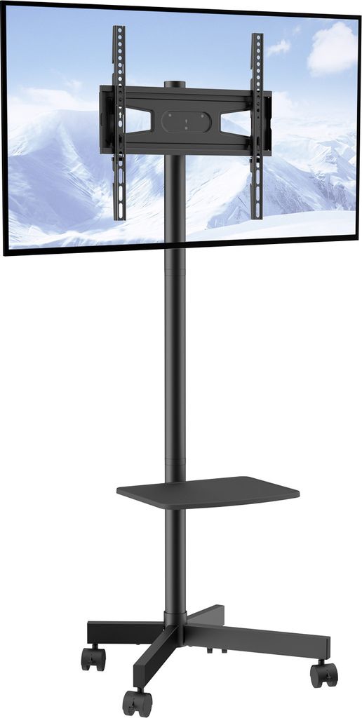 A black TV stand with wheels is shown against a white background. The TV stand has a shelf and a mount for a television.