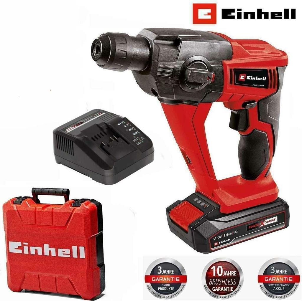 A red and black Einhell cordless hammer drill with its charger and carrying case, presented on a white background with marketing badges.