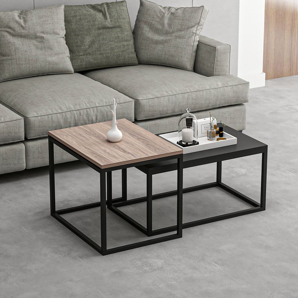 Satztisch Aabenraa im 2er Set Couchtisch Beistelltisch aus Spanplatte und Metall Eiche / Schwarz