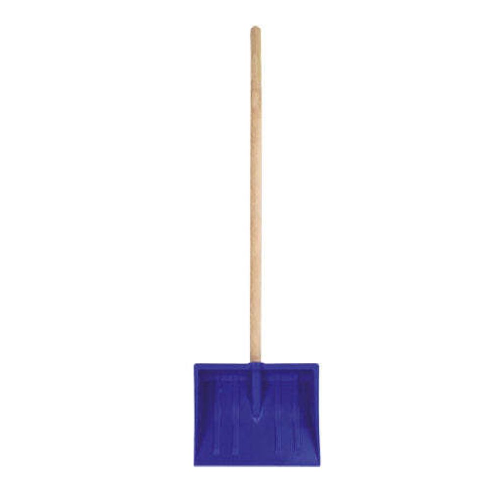 A blue snow shovel with a wooden handle is shown against a white background.