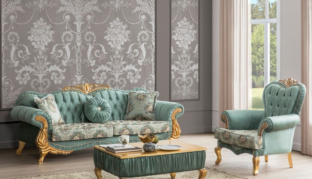 Casa Padrino Luxus Barock Wohnzimmer Set Grün / Gold - 2 Sofas mit Muster & 2 Sessel mit Muster & 1 Couchtisch - Wohnzimmer Möbel im Barockstil -...