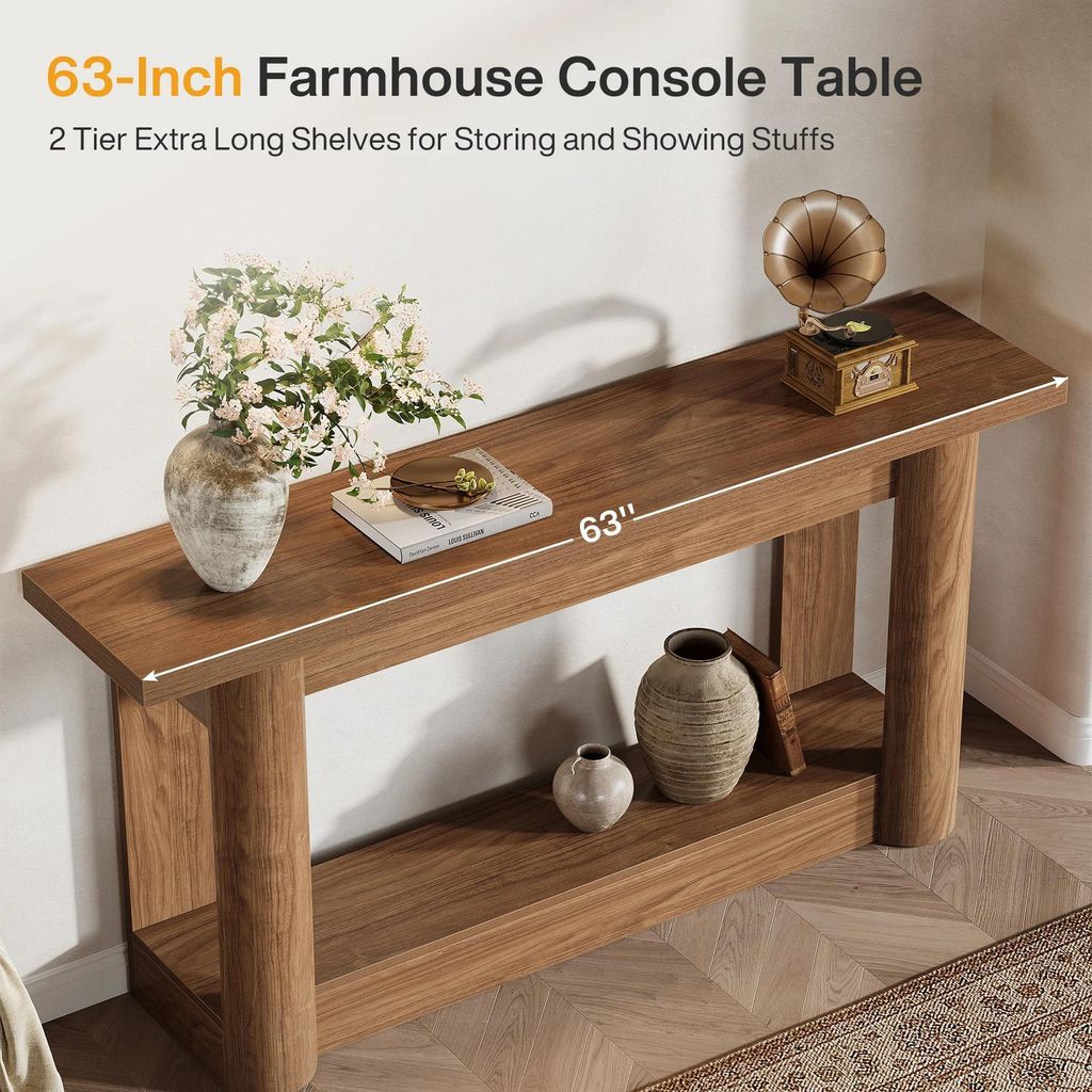 Konsolentisch - Schmaler Tisch für hinter dem Sofa - 2 Ablagen - Holz - 160x30x80 cm - Landhausstil - Rustikal Braun