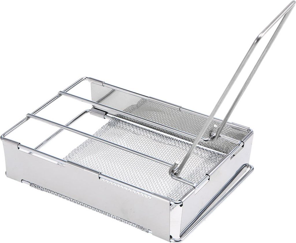 A stainless steel toaster basket with a handle, shown from a slightly elevated side angle against a white background.