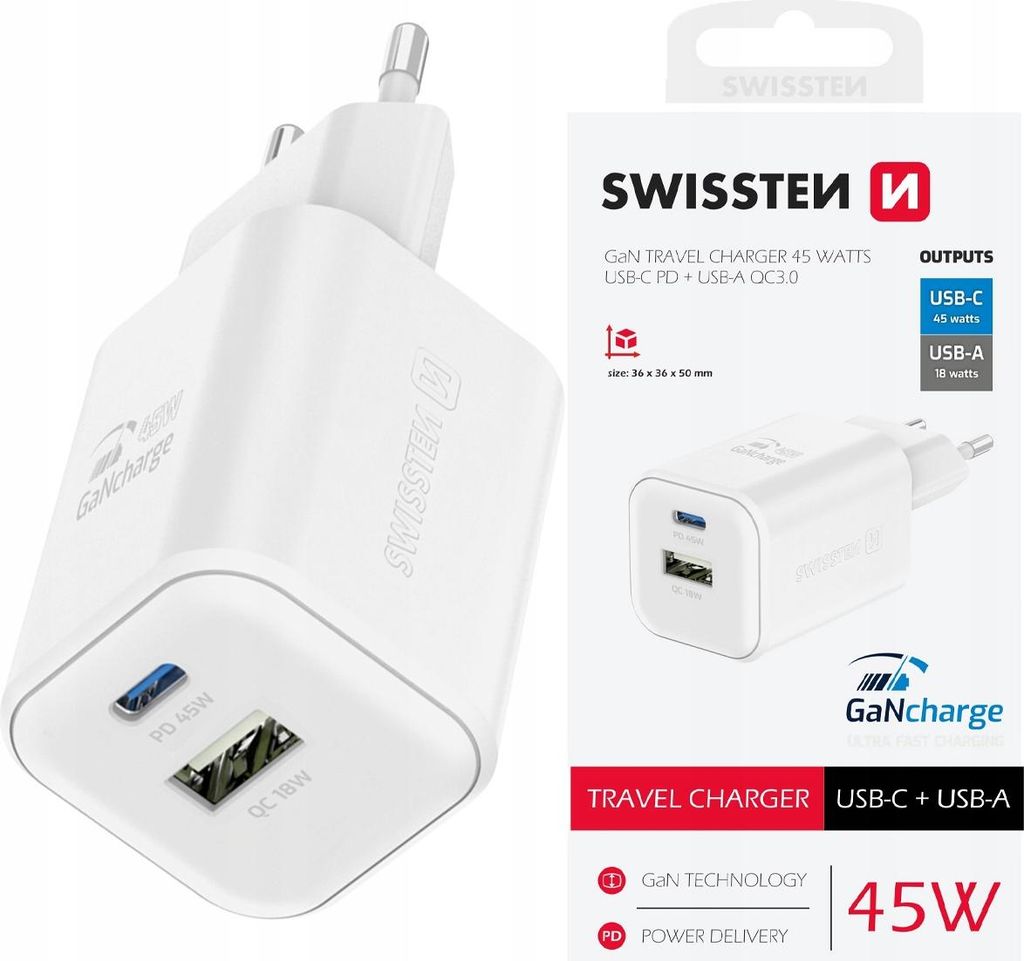 Swissten, zasilacz USB-C GaN 45W + USB 18W do szybkiego Zdjęcie produktu 