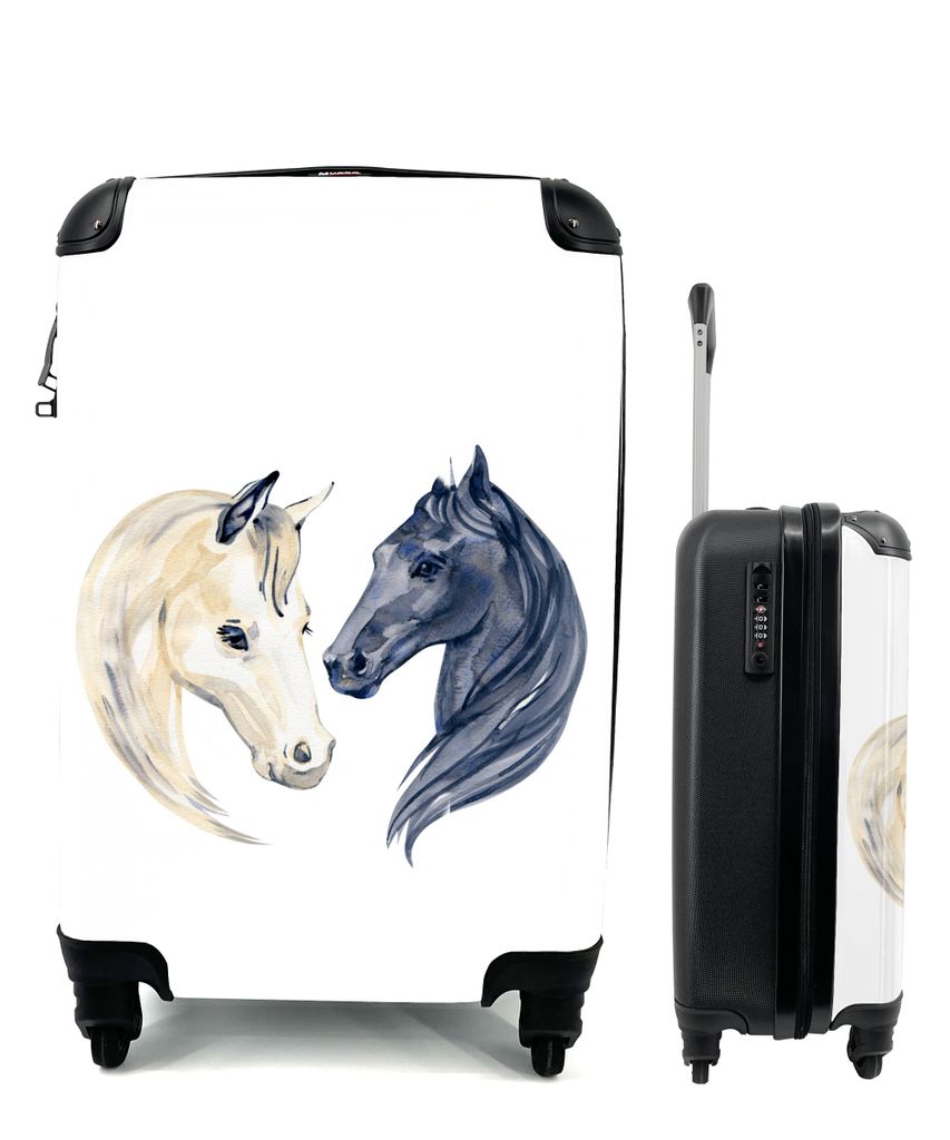 MuchoWow Koffer Handgepäck Trolley Rollkoffer Kleine Reisekoffer mit 4 Rollen - Pferde - Aquarell - Schwarz - Mädchen - Kinder - Mädchen - Cab...