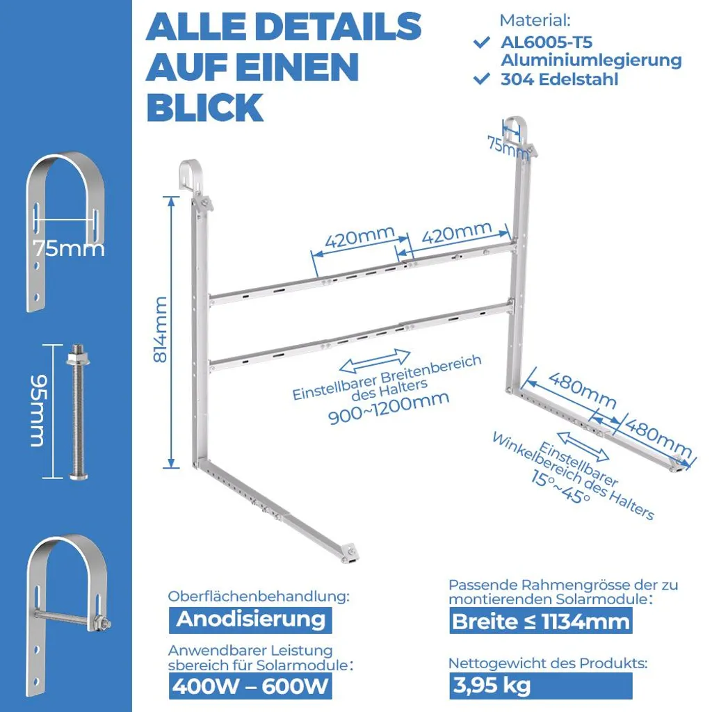 Fixation Solaire sans Perçage pour Balcon - Support Stable 400W à 600W