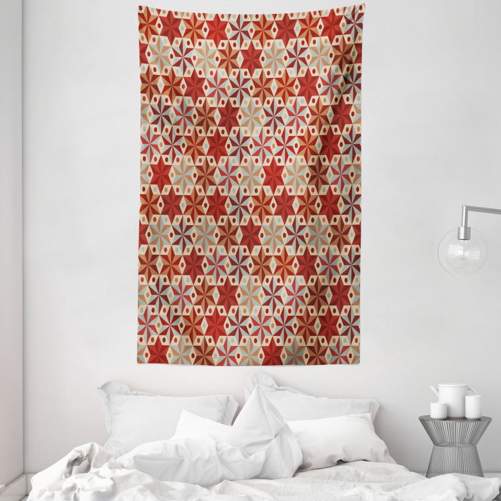 ABAKUHAUS Rot und Braun Wandteppich und Tagesdecke, Retro Anis Sterne Motiv aus Weiches Mikrofaser Stoff Waschbar ohne Verblassen Digitaldruck, 140...