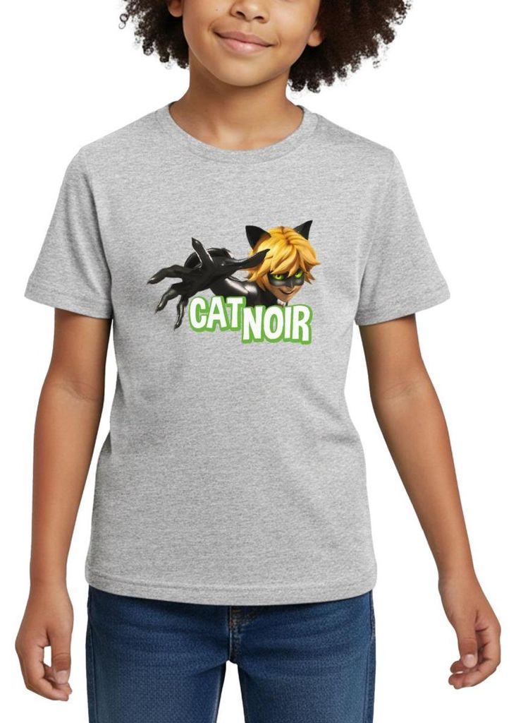 Spreadshirt Miraculous Cat Noir Adrien Kinder T-Shirt, 98/104 (3-4 Jahre), Grau meliert