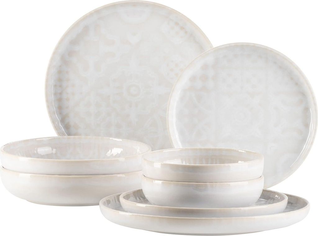 Moderne Vintage Serviesset für 2 Personen im Maorischen Design - 8-teilig - Keramisches Steingut Weiß