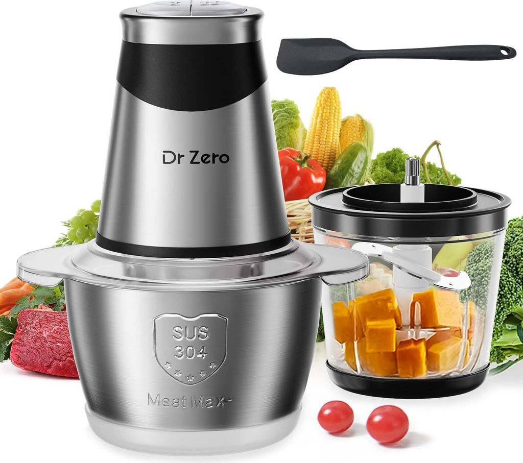 Küchenmaschine 2 Schüsseln, 4 Klingen, 500 W, 2 Geschwindigkeiten, für Babybrei, Fleisch, Gemüse, Nüsse, Mini-Zerkleinerer.
