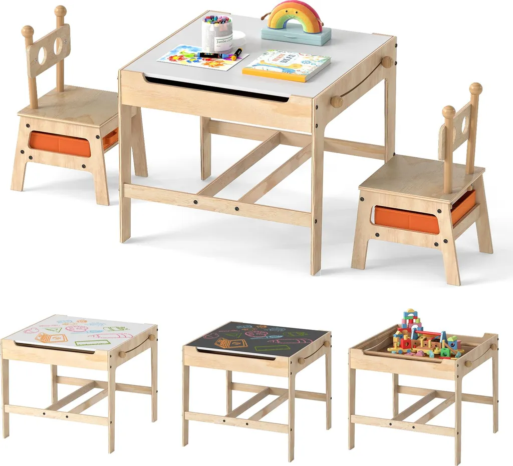 Set Tavolo E 4 Sedie Per Bambini COSTWAY 2 In 1 – Tavolo Rotondo Con Sgabelli Portaoggetti, In Legno Naturale, Salvaspazio Per Cameretta E Nido