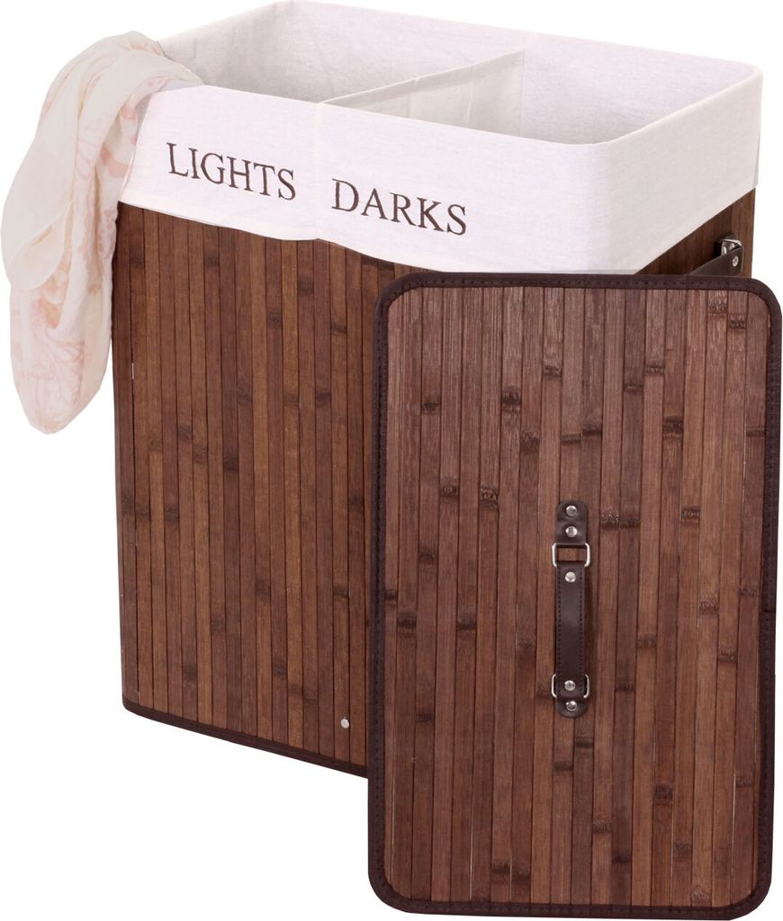 Wäschekorb HWC-C21, Laundry Wäschebox Wäschesammler Wäschebehälter, Bambus 2 Fächer 63x55x34cm 100l braun