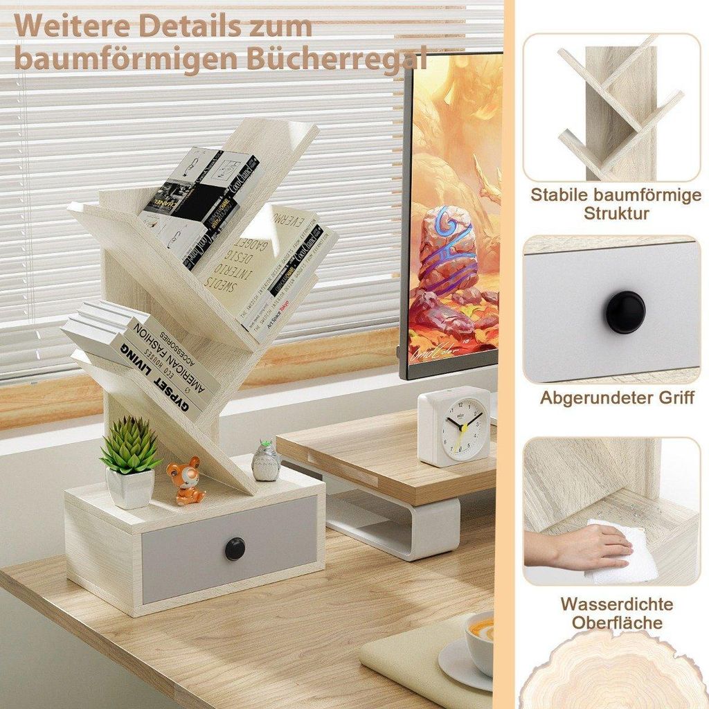 5-stufiges Baum-Bücherregal mit Schublade Mehrzweckregal CD- & DVD-Regal Beige